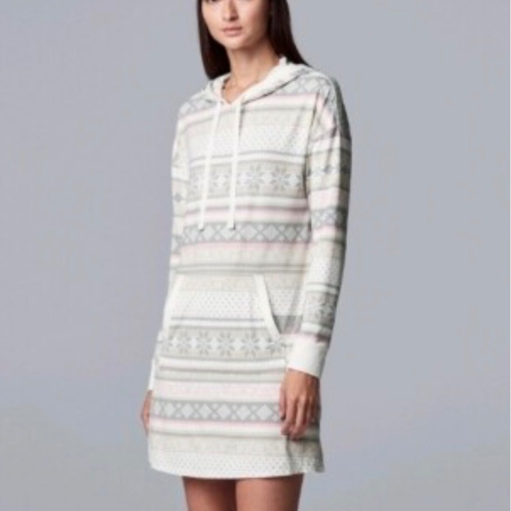 Muk Luks Womens XL Fleece Hoodie Nightgown Fair Isle Grey Pink Plush Sleepwear